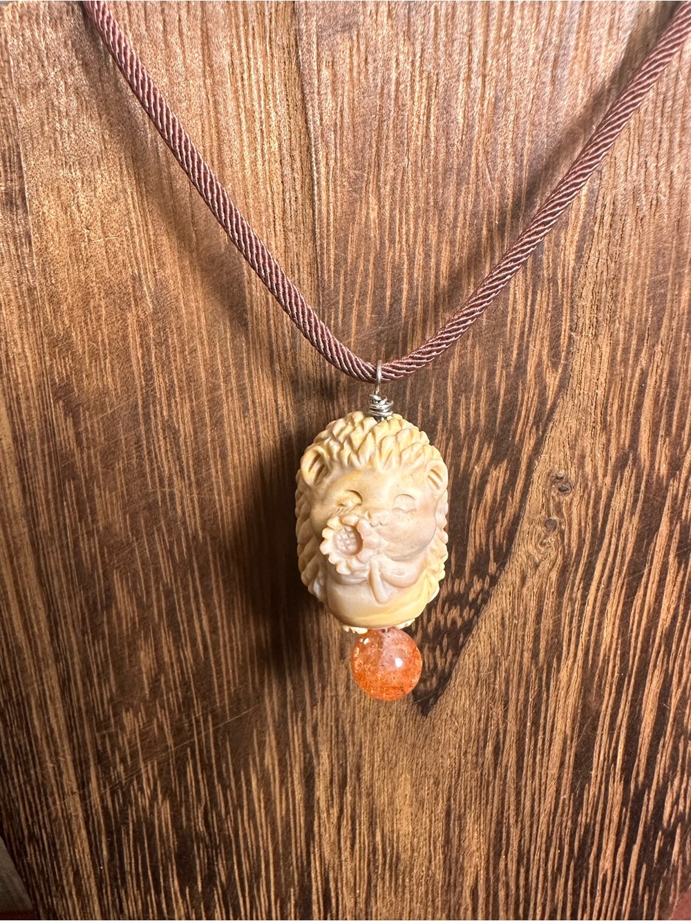 Alashan Agate Hedgehog Charm Pendant Necklace with Sunstone on Brown Rope - Picture 4 of 14